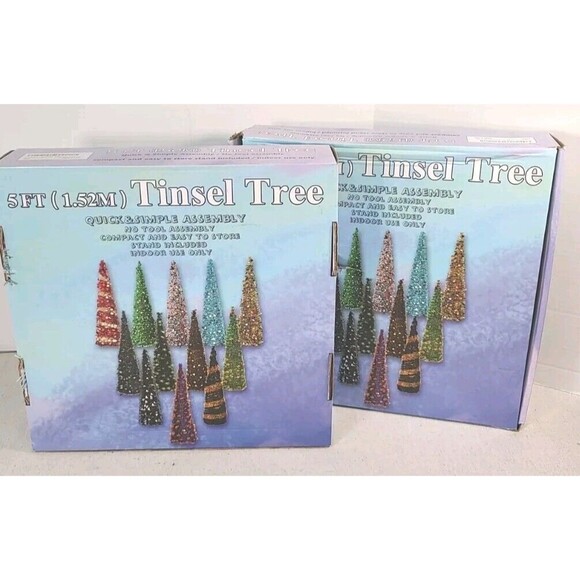 NWT (SET OF 2)  5 Foot Tinsel Christmas Tree Red/ Silver Battery Lighting& Star - Picture 9 of 12